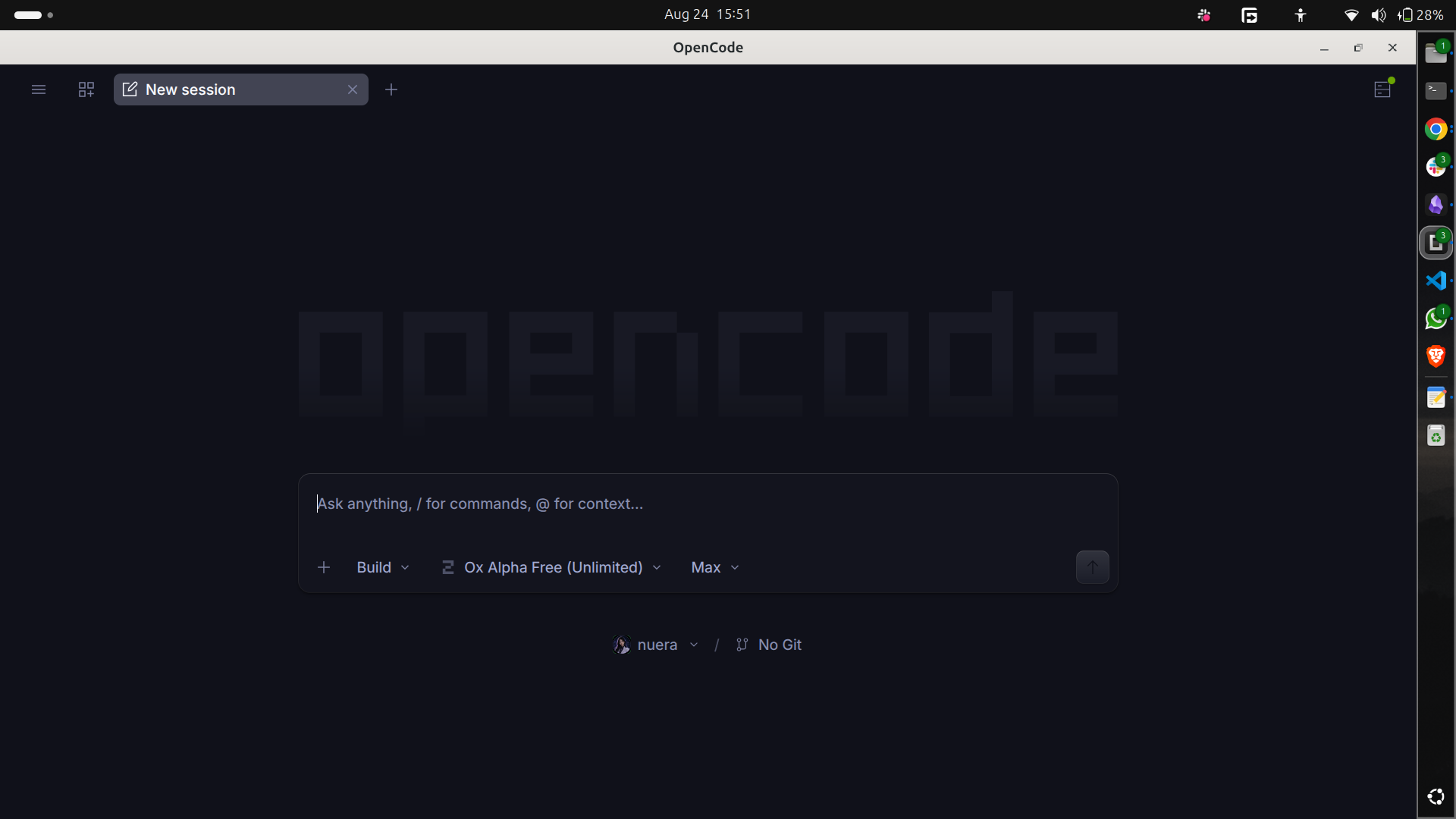 opencode desktop app: a fresh New session with Ox Alpha Free (Unlimited) selected in the model picker